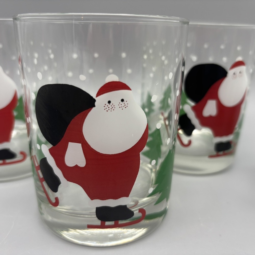 Vintage Set of 4 Crate and Barrel Ice Skating Santa Double Old Fashioned Glasses - Picture 2 of 7